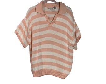 RARE Vintage 1980s Ms Russ 22W Plus Size Pink Peach White Cotton Striped Sweater