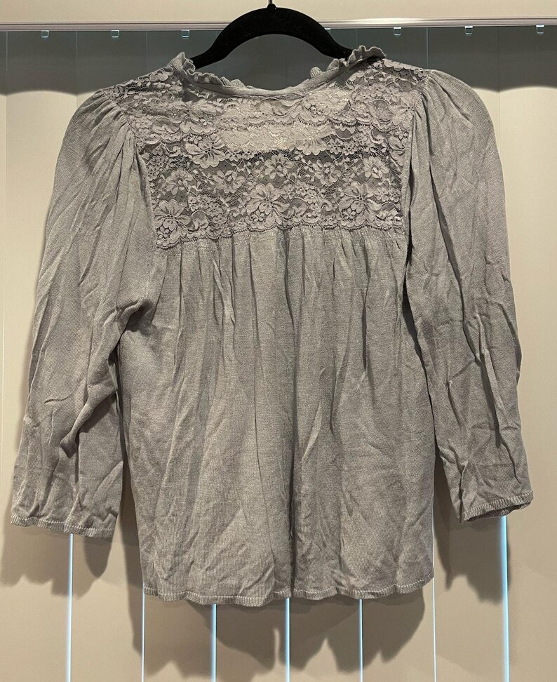 NWOT Frenchi Anthropologie Light Blue Grey Lace Knit Sweater Tie Neck image 2