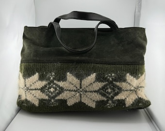 RARE Vintage Saks Fifth Avenue Italy Suede Leather Wool Green Apres Ski Resort Winter Purse
