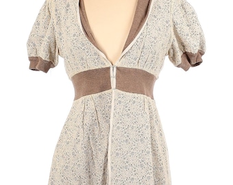 Retro VTG Rare Twee Reversible Anthropologie Knitted & Knotted Short Sleeved Ivory Brown Lace Cardigan Hoodie