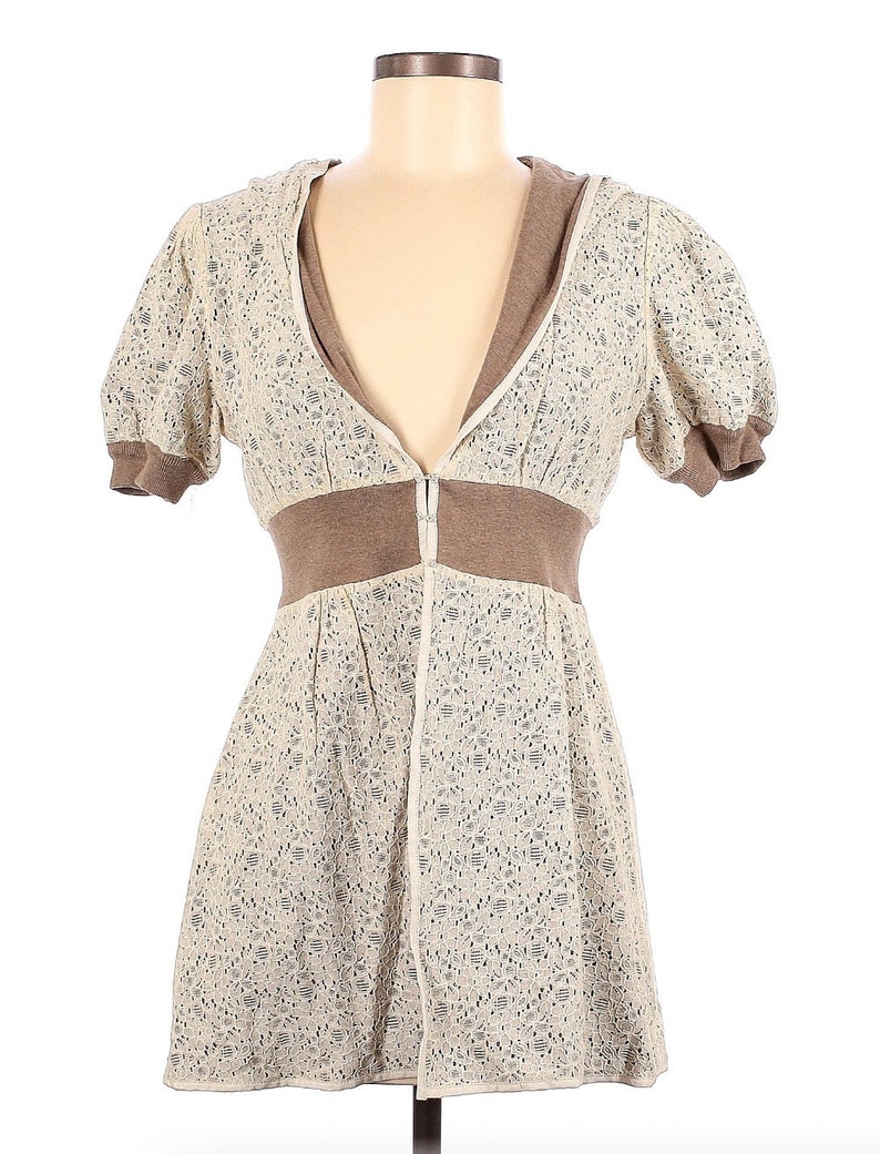 Retro VTG Rare Twee Reversible Anthropologie Knitted & Knotted Short Sleeved Ivory Brown Lace Cardigan Hoodie image 1