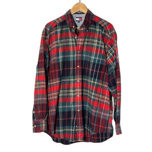 Vintage 90s Tommy Hilfiger USA Red Green Plaid Button Up Shirt Holiday Christmas Gift