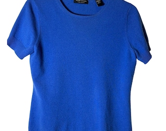 Vintage Valerie Stevens 2 Ply 100% Cashmere Cobalt Bright Blue Short Sleeve Sweater