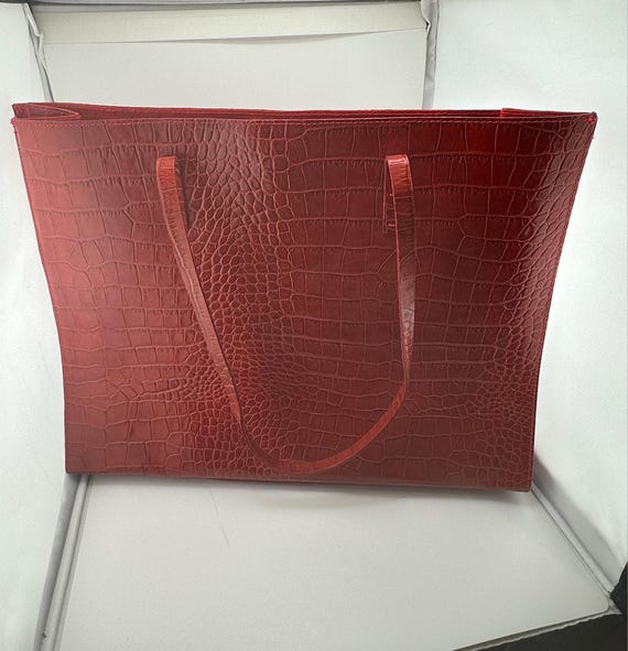 NWOT VTG Red Leather Exotic Croc Embossed Shoulder Tote Purse Laptop Bag Italy