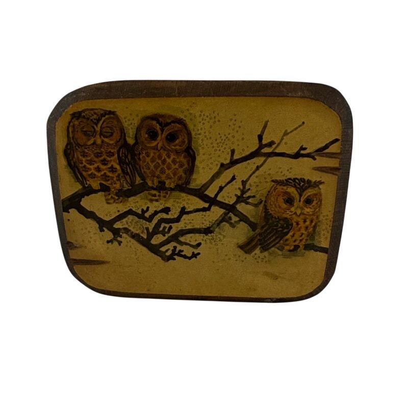 Vintage MCM Wood Handmade Owl Decoupage Art Den Lodge Cottage core Grandpa