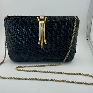 Rare RODO Vintage Blue Green Black Wicker Weave Gold Strap Purse Italy Made Art Deco 1960s