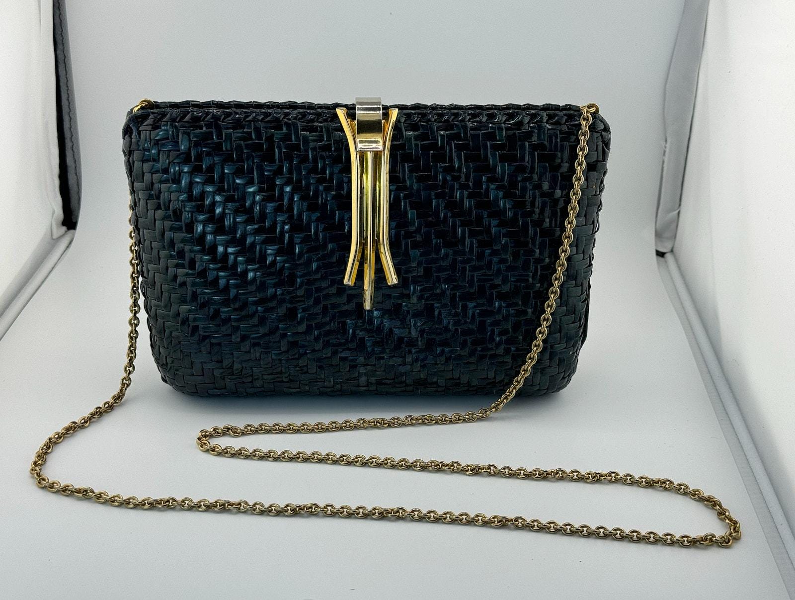 Rare RODO Vintage Blue Green Black Wicker Weave Gold Strap Purse Italy Made Art Deco 1960s