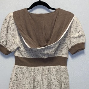 Retro VTG Rare Twee Reversible Anthropologie Knitted & Knotted Short Sleeved Ivory Brown Lace Cardigan Hoodie image 10