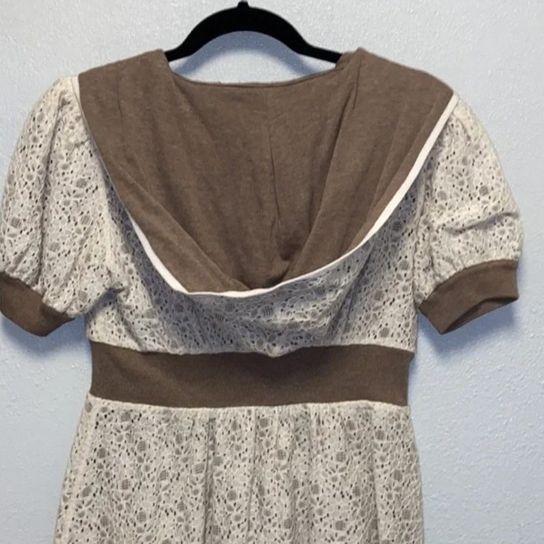Retro VTG Rare Twee Reversible Anthropologie Knitted & Knotted Short Sleeved Ivory Brown Lace Cardigan Hoodie image 10