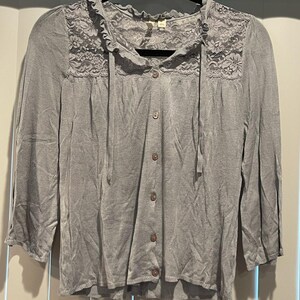 NWOT Frenchi Anthropologie Light Blue Grey Lace Knit Sweater Tie Neck image 1
