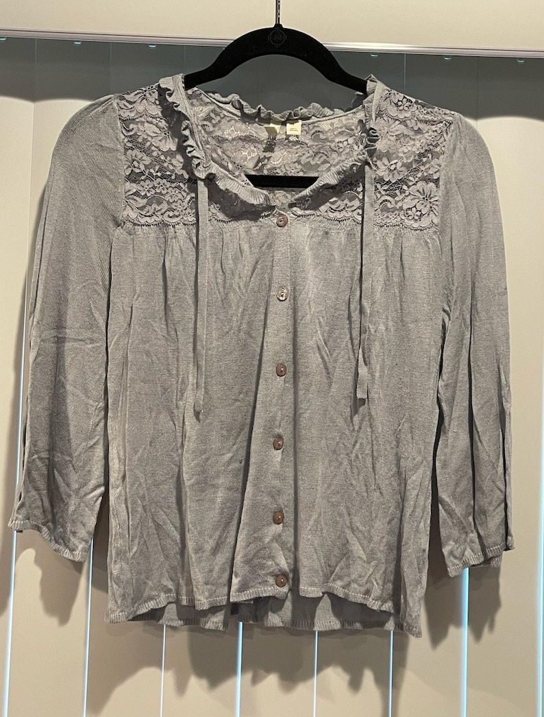 NWOT Frenchi Anthropologie Light Blue Grey Lace Knit Sweater Tie Neck image 1