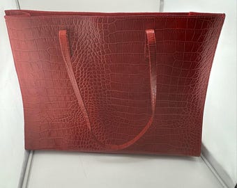 NWOT VTG Red Leather Exotic Croc Embossed Shoulder Tote Purse Laptop Bag Italy