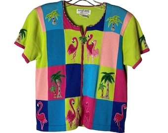 Vintage Jack B Quick Cardigan Sweter Flamingi i Palmy Krótki Rękaw Zapinany Na Zamek Błyskawiczny