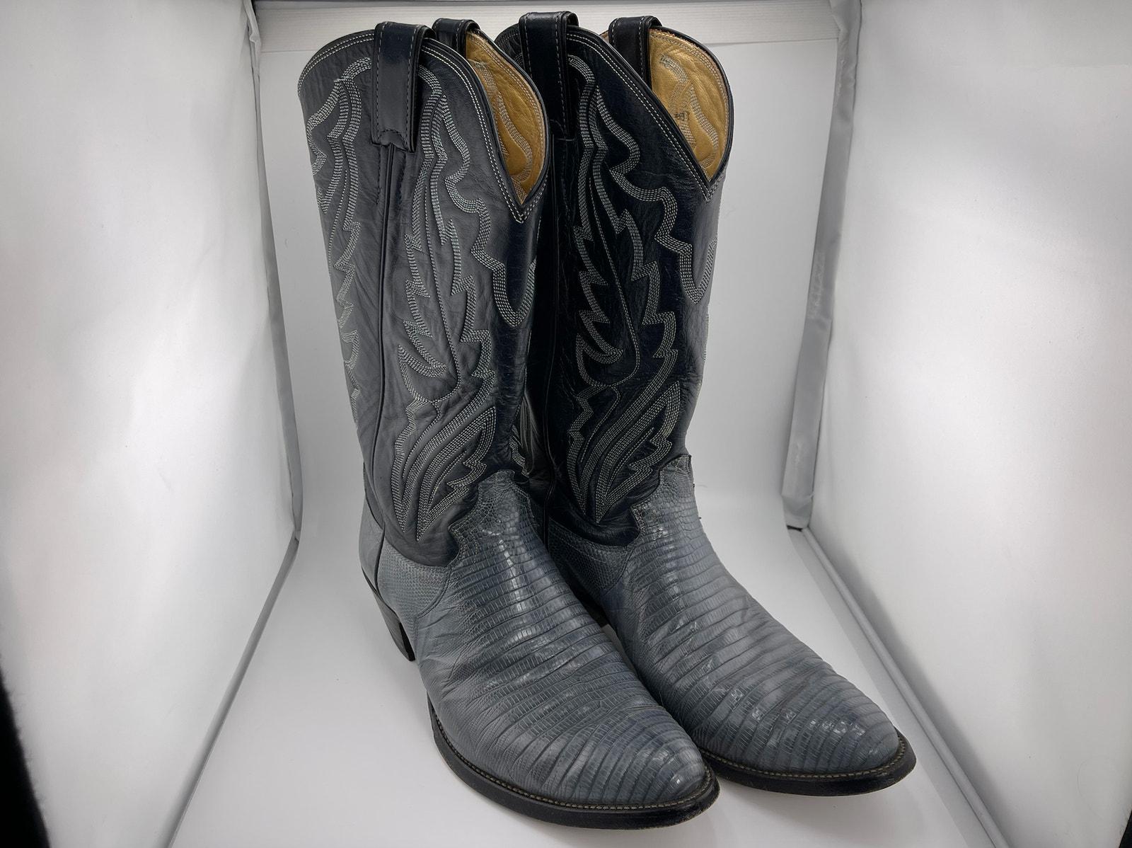 RARE Vintage Tecovas Justin Cowboy Boots Gray Lizard Skin Grey 9D