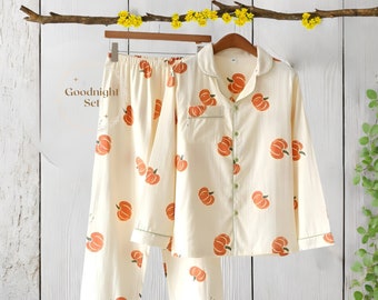 Luxury Autumn Pumpkin Pyjamas, Cosy Cotton Nightwear - Ideal Gift for Her,Chic Pumpkin Cotton Pyjamas, Autumn Nightwear