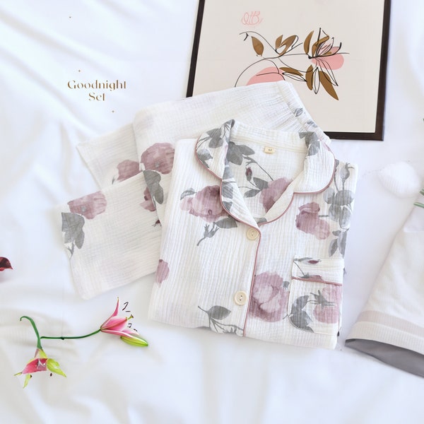 Silky Pyjamas Floral Print Women's Sleepwear, 100% Cotton Gauze Pajama Set, Ideal for Cozy Nights, Beautiful Birthday or Anniversary Gift