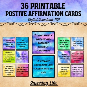 36 cartes d'affirmation positive | Affirmations quotidiennes positives | Mots d'encouragement | imprimables, amour de soi positif | Prendre soin de soi