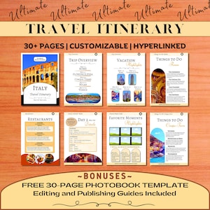 30+ Page Travel Itinerary Template | Traveling Guide | Travel Marketing | Mobile Itinerary | Printable Travel Guide | Trip Itinerary Canva