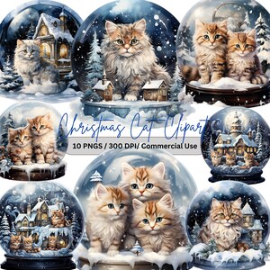 10 Chat de Noël Clipart Chat Boule à neige Chat Amoureux Cadeau Décorations de Noël Bundle PNG Sublimation Junk Journal Scrapbooking Utilisation commerciale