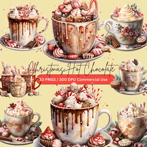 10 Watercolor Hot Chocolate Clipart, Hot Cocoa Clipart,Christmas Gift, Christmas Decor, Bundle PNG,Sublimation, Card Making,Digital Download