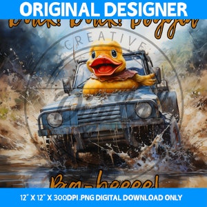 Rubber Duck Mud Adventure - Digital Art Print, Off-Road Blue Truck Action, 12x12 300 DPI Humorous Wall Art for Off-Road Lovers, Quirky 4x4