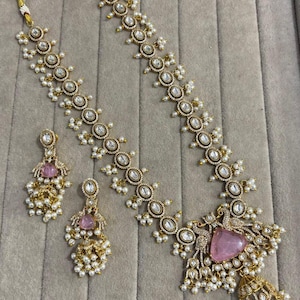 Conjunto tradicional indio de collar largo con pendientes, Kundan Rani Haar, joyería de perlas chapada en oro