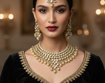 Traditional Indian Kundan Jewelry Set | Handcrafted Gold Choker with Pearls