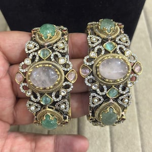 Pulsera estilo vintage con moissanita polki y brazalete llamativo de cuarzo rosa (par)