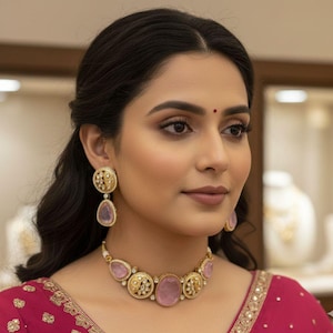 May include: A woman wearing a gold-toned necklace and matching earrings. The jewelry features pink gemstones and intricate detailing. The woman is wearing a red top with gold embroidery. The background is blurred, suggesting a jewelry store setting.