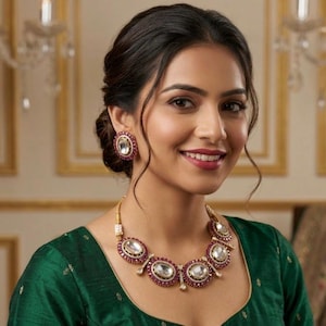 Sabyasachi Inspired Kundan Jadau Necklace Set, Ruby Pink Polki Moissanite Earrings