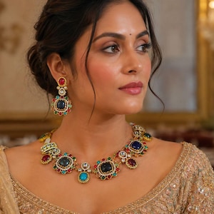 May include: A woman wearing a gold necklace and earrings. The jewellery features large, colourful gemstones in shades of blue, red, green, and yellow, set in gold metal. The earrings are dangling, and the necklace sits around the neck.