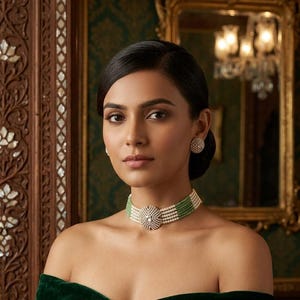 Puede incluir: Un collar tipo gargantilla de varias hileras con filas alternas de pequeñas perlas blancas y cuentas verdes, centrado con un medallón circular incrustado de diamantes. Pendientes circulares a juego, incrustados de diamantes.