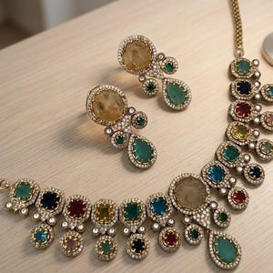 Sabyasachi Inspired Navratna Choker Necklace Earrings Set, Multicolor Kundan Bridal Jewelry