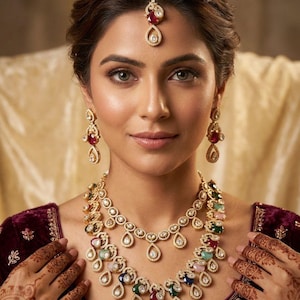 Meerkleurige Navratan-polkiketting set met oorbellen en Maang Tikka