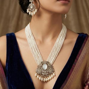 Kundan Rani Haar Set | Multi-Strand Pearl Necklace, Ruby Red Pendant, Earrings | Indian Wedding Jewelry