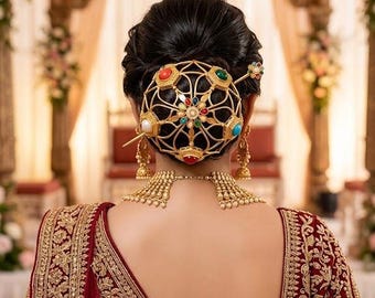 Jaula para moño con piedras Kundan Navratna