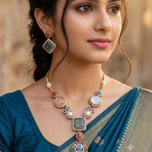 Contemporary Fusion Polki Jewelry Set, Green and Pink Semi Precious Stone Necklace, Traditional