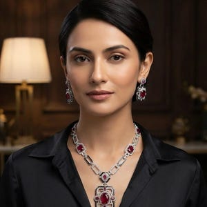 May include: A necklace and earring set featuring oval-cut red rubies surrounded by small white diamonds. The necklace has a large rectangular pendant with a central ruby, and the earrings match the design with a smaller ruby and diamond drop.