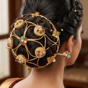 Könnte beinhalten: Ein goldfarbenes Haaraccessoire mit kreisförmigem Design, verziert mit bunten Edelsteinen und Perlen. Das aufwendige Stück wird im Haar getragen und ergänzt die dunkle Haarfarbe. Das Accessoire verfügt über einen passenden Ohrring.