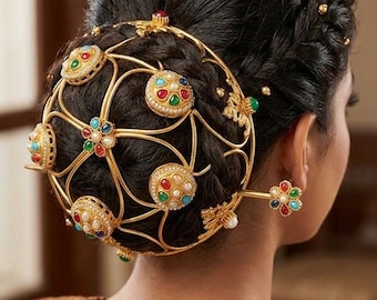 Antieke jadau kundan knotkooi met bloemmotief, verguld messing haaraccessoire