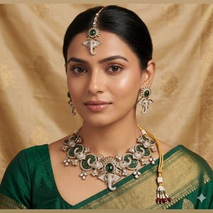 Ruby Elephant Bridal Choker Set with Earrings, Maang Tikka – Indian Temple Jewelry