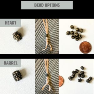The 2 available bronze accent bead options are shown:  Heart and Barrel.  They are shown in a close up view, on the notebook connector, and next to a penny to show size.