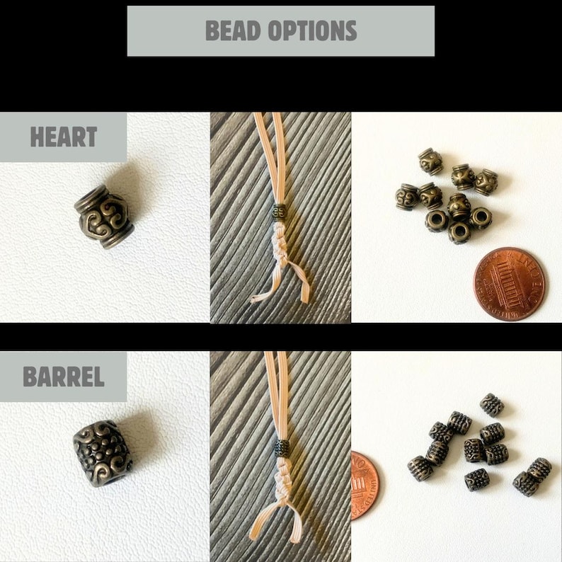 The 2 available bronze accent bead options are shown:  Heart and Barrel.  They are shown in a close up view, on the notebook connector, and next to a penny to show size.