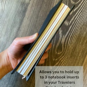 3 notebook inserts stacked on top of each other, inside of a travelers notebook journal cover.  Additional text:  Allows you to hold up to 3 notebook inserts in your travelers notebook style journal covers.