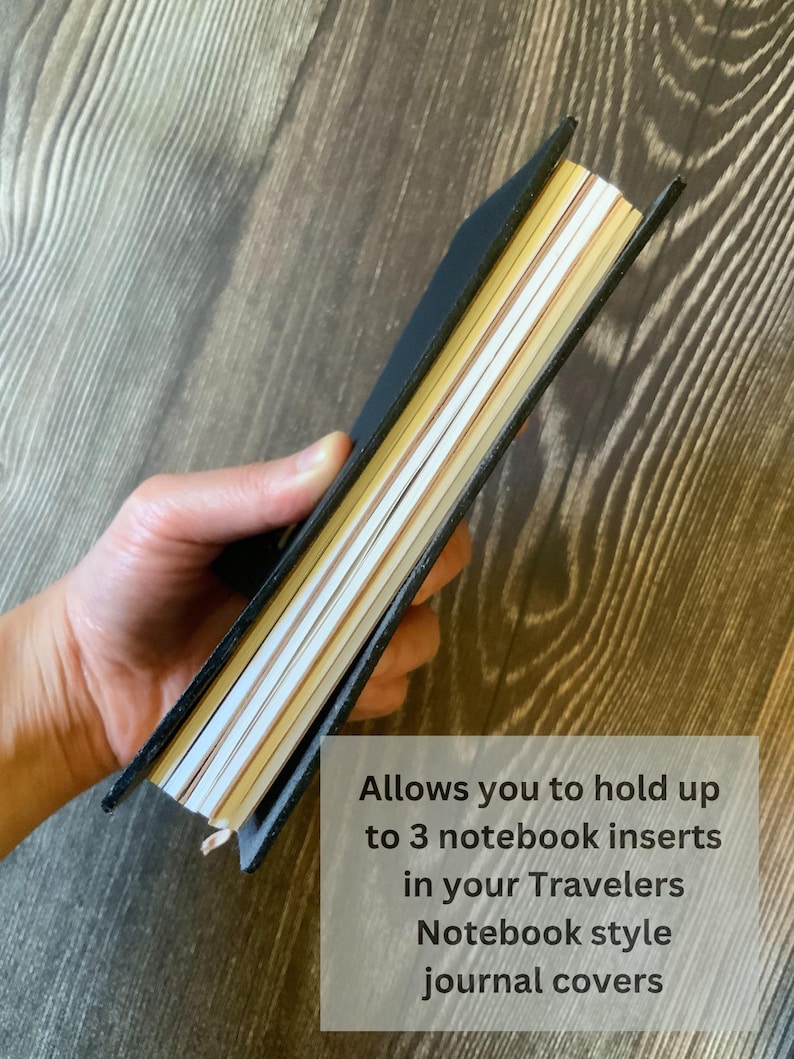 3 notebook inserts stacked on top of each other, inside of a travelers notebook journal cover.  Additional text:  Allows you to hold up to 3 notebook inserts in your travelers notebook style journal covers.