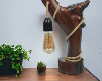 Lámpara hecha a mano lámpara personalizada madera recuperada decorativa cuerda de yute lámpara sostenible ecológica Boho rústico hogar decoración lámpara de madera regalo único