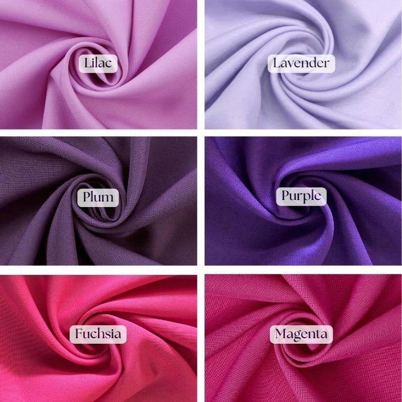 May include: A collection of fabric swatches in various shades of purple and pink. The colors include lilac, lavender, plum, purple, fuchsia, and magenta. Each swatch is labeled with its corresponding color name in a white rectangular box.