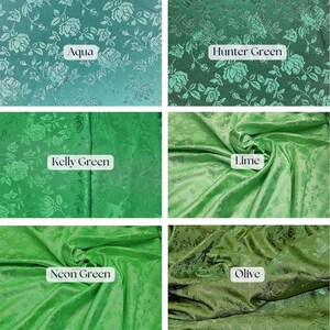 May include: A collection of six fabric swatches in various shades of green. The swatches include Aqua, Hunter Green, Kelly Green, Lime, Neon Green, and Olive. Each fabric has a floral rose pattern and the name of the color is displayed on each swatch.