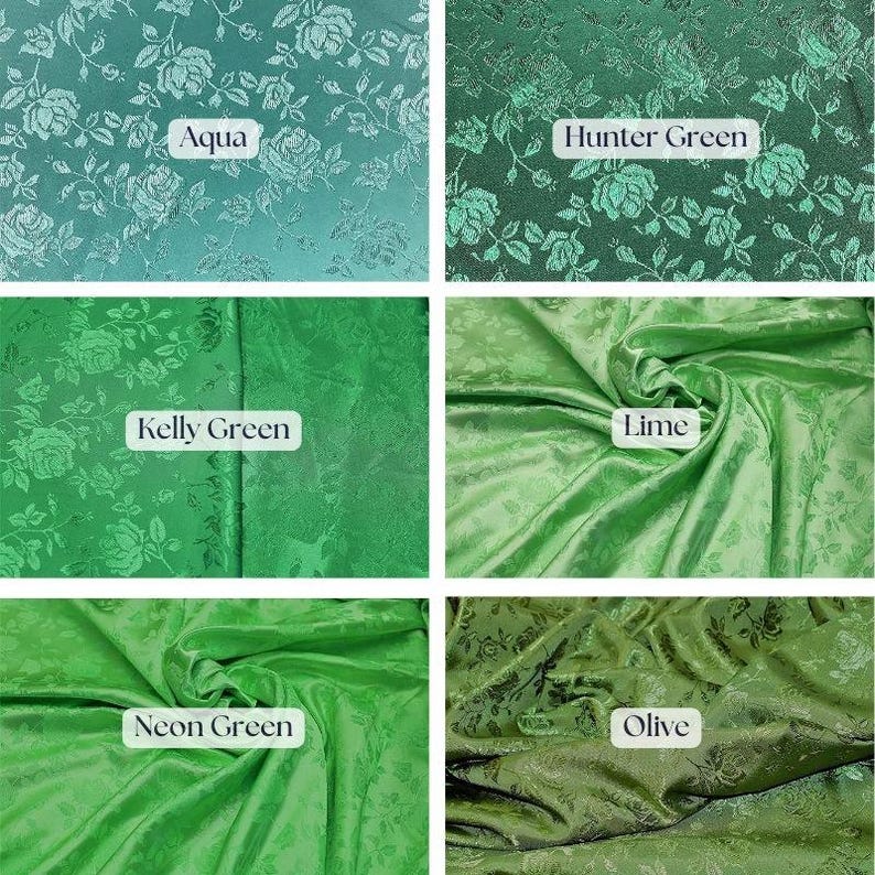 May include: A collection of six fabric swatches in various shades of green. The swatches include Aqua, Hunter Green, Kelly Green, Lime, Neon Green, and Olive. Each fabric has a floral rose pattern and the name of the color is displayed on each swatch.