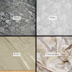 May include: Four fabric swatches in black, white, ivory, and champagne. Each swatch features a repeating rose pattern. The colors are labeled with text: "Black", "White", "Ivory", and "Champagne". The fabric has a slight sheen.